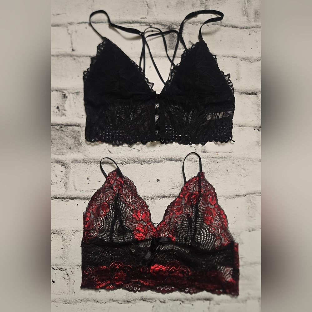 Lace Bralette Bundle M Rose & Vine Black Red Set - Picture 1 of 13